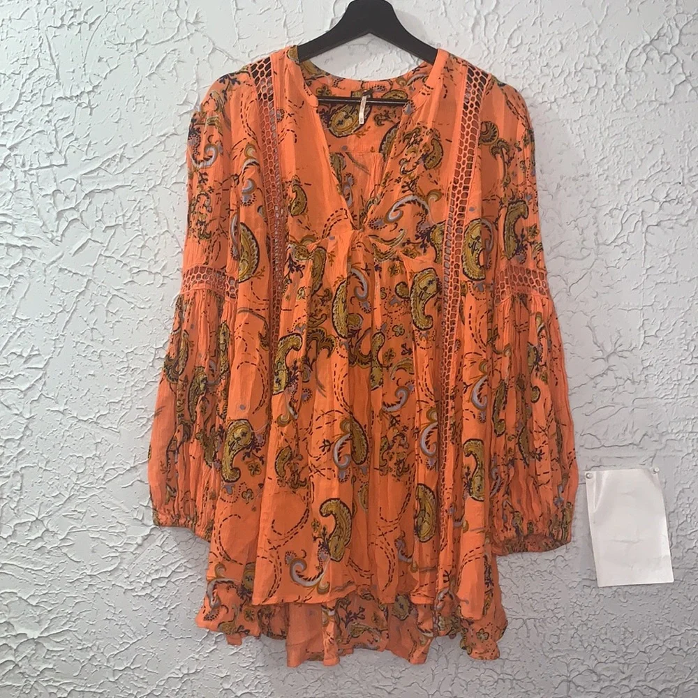 Free People *Flaw Tunic Mini Just The Two Of Us Paisley Orange XS Boho Whimsical